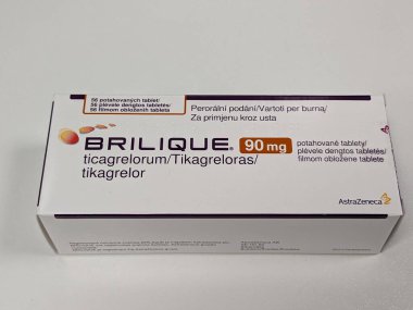 Prag, Çek Cumhuriyeti 23 Mayıs 2023: Eczane-Brilique-Ticagrelor aktif maddesi felç, kalp krizi, akut koroner sendromu ve diğer olayları önlemek için kullanılan bir ilaçtır..