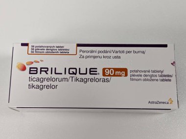 Prag, Çek Cumhuriyeti 23 Mayıs 2023: Eczane-Brilique-Ticagrelor aktif maddesi felç, kalp krizi, akut koroner sendromu ve diğer olayları önlemek için kullanılan bir ilaçtır..