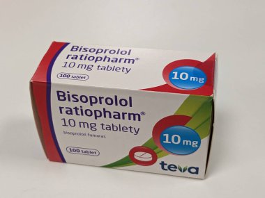 Prague, Czech Republic - July 10 2024: Bisoprolol Ratiopharm box of medication with bisoprolol active substance by Ratiopharm, used for treatment of hypertension, heart failure, angina pectoris.