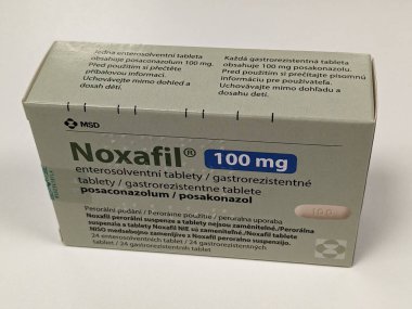 Prague,Czech republic- April 4 2024: NOXAFIL box of medication with active substance Posaconazole,Posaconazolum made by pharmaceutical company MSD,used to prevent serious fungal infections clipart