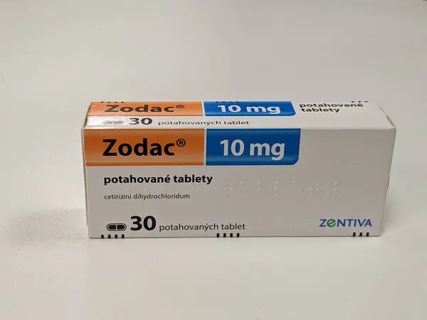 stock image Prague, Czech Republic - July 10 2024: Zodac box of medication with cetirizine active substance by Zentiva, used for treatment of allergic rhinitis and chronic urticaria.