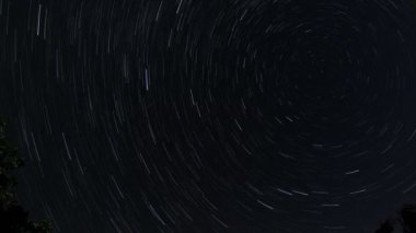 Aksiyon kamerasında yıldız izleri. Go Pro 11, Avrupa gökyüzü gecesi panorama zamanı. Yıldızlar karanlık gecede ışık saçıyor.