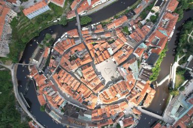 Cesky Krumlov 'un hava manzarası, UNESCO' nun güzel şehir manzarası, Orta Avrupa, Çek Cumhuriyeti-Unesco dünya mirası alanları