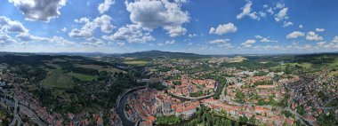 Cesky Krumlov 'un hava manzarası, UNESCO' nun güzel şehir manzarası, Orta Avrupa, Çek Cumhuriyeti-Unesco dünya mirası alanları