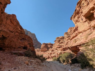 Desert landscape near ad-deir at beautiful sunset in Petra ruin and ancient city of Nabatean kingdom, Jordan, Arab, Asia, UNESCO World Heritage Site