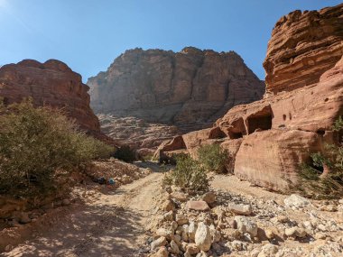 Desert landscape near ad-deir at beautiful sunset in Petra ruin and ancient city of Nabatean kingdom, Jordan, Arab, Asia, UNESCO World Heritage Site