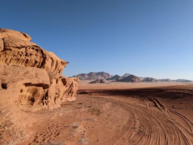 Wadi Rum Desert, Jordan. The red desert and Jabal Al Qattar mountain.Where some famous movies where shot,beautiful panorama scenic landscape view,beautiful sand dunes and sharp rocky mountains