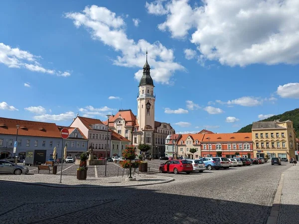 Bilina Tschechische Republik Juli 2023 Bilina Historisches Stadtzentrum Mit Brunnen — Stockfoto
