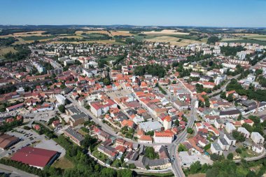 Pelhrimov aerial panorama of old town square on church with lookout tower and fountain, Czech republic,Europe