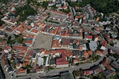 Pelhrimov aerial panorama of old town square on church with lookout tower and fountain, Czech republic,Europe