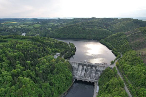 stock image Slapy Reservoir is dam on the Vltava river in the Czech Republic, near to village Slapy. It has a hydroeletrics power station included.Aerial panorama landscape photo