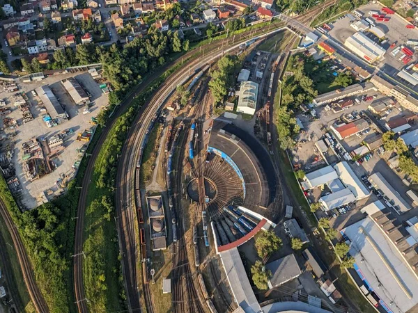 Ceske Budejovice Aerial Panorama Train Station Locomotive Turntables Cityscape Czech — Stock Photo, Image