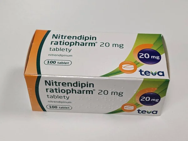 stock image Prague,Czech republic- June 22 2023: box of Nitrendipine is a dihydropyridine calcium channel blocker. It is used in the treatment of primary hypertension to decrease blood pressure and can reduce the cardiotoxicity of cocaine