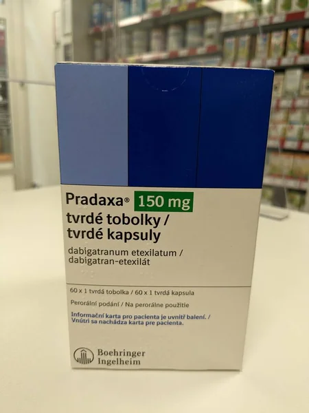 stock image Prague,Czech republic- June 22 2023: box of Pradaxa by Boehringer Ingelheim with active pharmaceutical substance dabigatran etexilate used as Treatment of deep vein thrombosis (DVT) ,heatlh care Czech republic,Europe,European union pharmacy concept