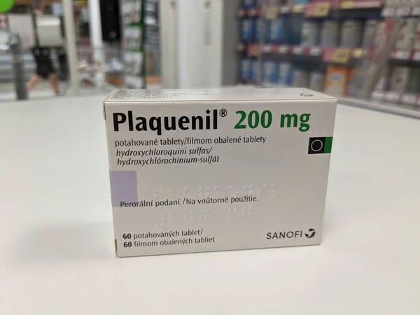 stock image Prague,Czech republic- June 22 2023: box of Plaquenil with active pharmaceutical substance Hydroxychloroquine used as a disease-modifying anti-rheumatic drug (DMARD). It can decrease the pain and swelling of arthritis which can prevent joint damage