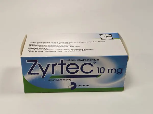 stock image pharmacy concept box of ZYRTEC with active pharmaceutical substance cetirizini dihydrochloridum used as antihistaminics for allergy treatment,heatlh care Czech republic,Europe,European union