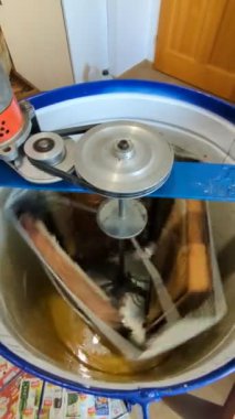 Orta Avrupa 'daki bal peteklerinden elde edilen geleneksel bal hasadı sırasında ev yapımı elektrikli motor bir bal sökücüsüne güç veriyor..