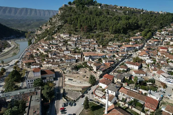 Berat Albania Una Città Sul Fiume Osum Veduta Panoramica Aerea — Foto Stock