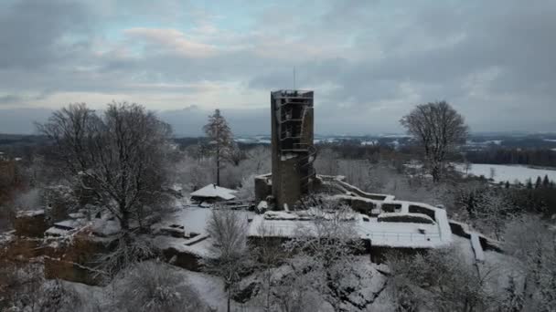 オリク城の冬の空中パノラマ景色 歴史的な中世のゴシック様式の城は ホンポレックの町チェコ共和国 ヨーロッパ 城の塔と雪の白い木の間を飛ぶことによって森林の深い遺跡を破壊します — ストック動画