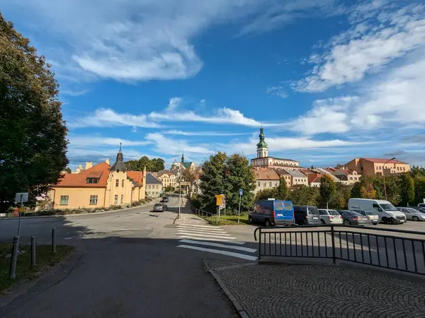 stock image Polna historical city center of Bohemian town with square,column and cathedral and Polna castle and churches,panorama landscape view,Czech republic,Europe