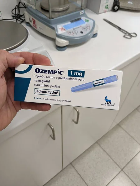 stock image Prague,Czech republic- June 22 2023: Ozempic box. Czech version of ozempic medication. Diabetes treatment in Czech republic. Package of semaglutide. Diabetes drug.Sometimes abused for weight loss with ATD anti tampering device