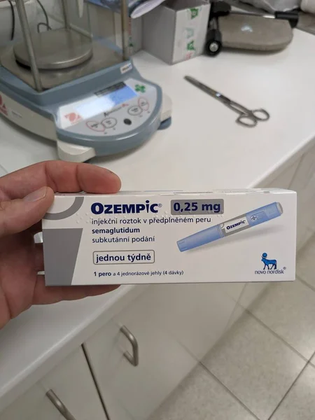 stock image Prague,Czech republic- June 22 2023: Ozempic box. Czech version of ozempic medication. Diabetes treatment in Czech republic. Package of semaglutide. Diabetes drug.Sometimes abused for weight loss with ATD anti tampering device