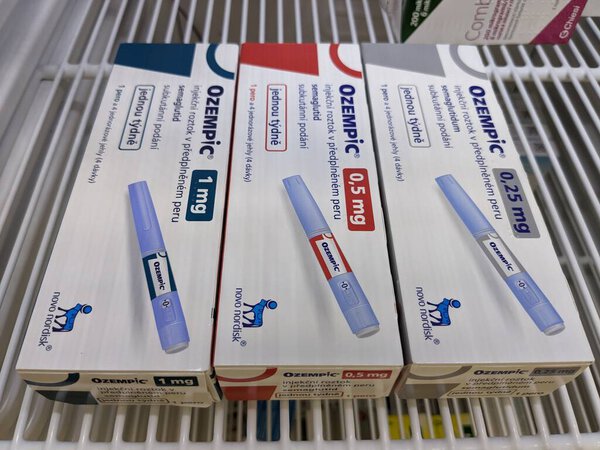 Prague,Czech republic- June 22 2023: Ozempic box. Czech version of ozempic medication. Diabetes treatment in Czech republic. Package of semaglutide. Diabetes drug.Sometimes abused for weight loss with ATD anti tampering device