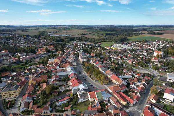 stock image Polna historical city center of Bohemian town with square,column and cathedral and Polna castle,aerial panorama landscape view,Czech republic,Europe