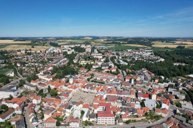 Pelhrimov aerial panorama of old town square on church with lookout tower and fountain, Czech republic,Europe