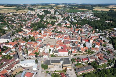 Pelhrimov aerial panorama of old town square on church with lookout tower and fountain, Czech republic,Europe