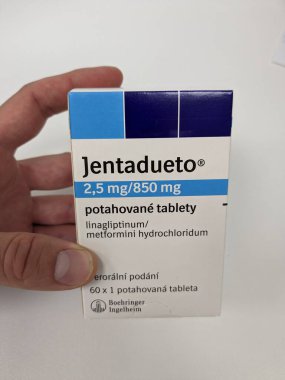 Prag, Çek Cumhuriyeti 23 Mayıs 2023: JENTADUETO, 2 diyabet ilacı, linagliptin ve metformin içeren reçeteli bir ilaçtır. 