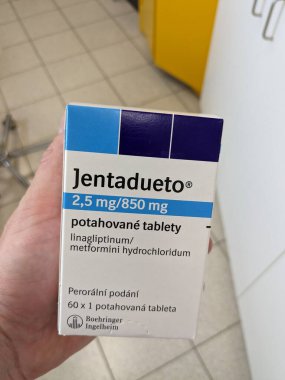 Prag, Çek Cumhuriyeti 23 Mayıs 2023: JENTADUETO, 2 diyabet ilacı, linagliptin ve metformin içeren reçeteli bir ilaçtır. 
