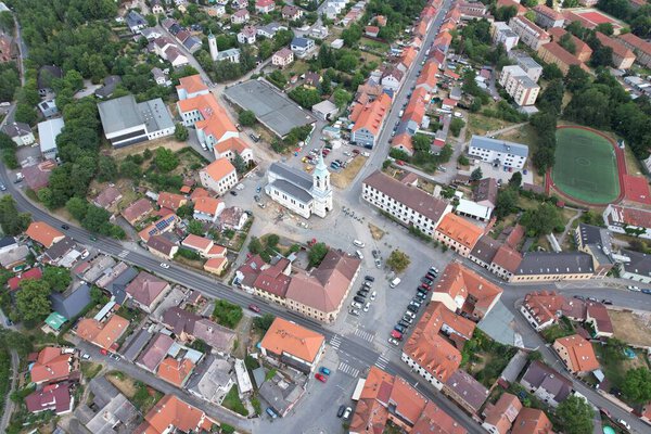 Pribram historical city center aerial panorama landscape view with square,Czech republic,Europe