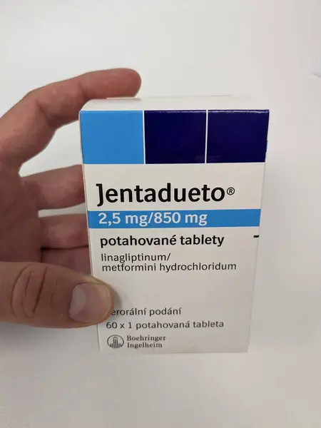 stock image Prague,Czech republic  May 23 2023 : JENTADUETO is a prescription medicine that contains 2 diabetes medicines, linagliptin and metformin.can be used along with diet and exercise to lower blood sugar 