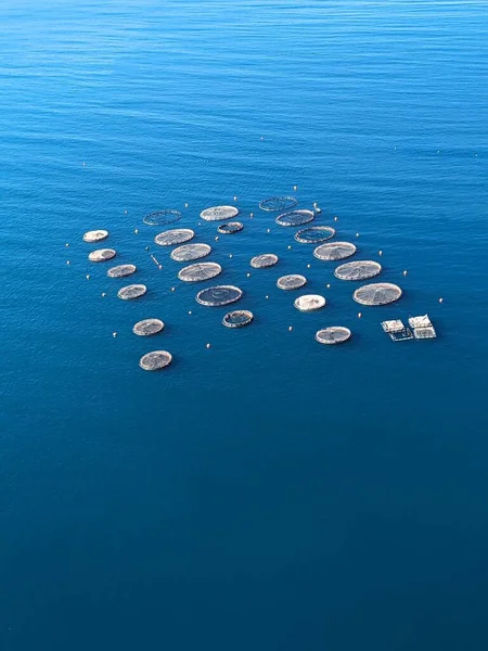 aerial view of a fish farm off the coast in the blue, mediterranean sea in Albania during sunset time,panorama landscape view of Albanian coastline-fishing industry business -aquaculture farm fishing