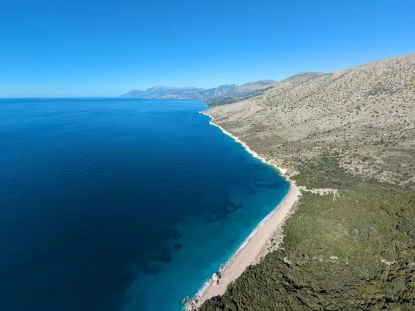 Панорамный Вид Море Пляжи Горы Вблизи Саранды Албания Аэрофотосъемка Ионическое Стоковая Картинка