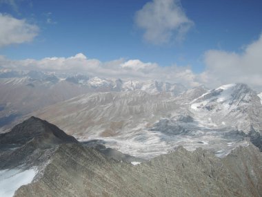 Himalayalar 'ın hava manzarası Dharamsala' dan Manali, Bir Billing 'e bir yamaç paraşütü uçuşundan görülüyor. Hindistan-Himachal Pradesh' te karlı zirveleri olan görkemli dağ sırası.