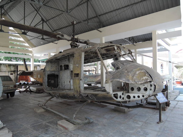 Saigon,Vietnam-March 12 2020:War Remnants Museum- contains exhibits relating to the First Indochina War and the Vietnam War.  in Ho Chi Minh City-helicopters and aircrafts
