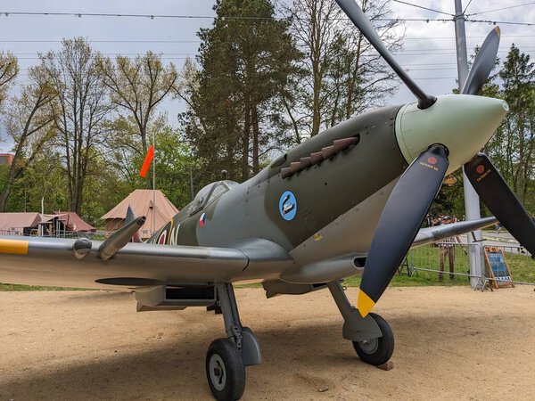 Pilsner,Czech republic- May 5 2023:The Supermarine Spitfire is a British single seat fighter aircraft used by the Royal Air Force and Allied countries before,this replica was exhibited in Pilsnen
