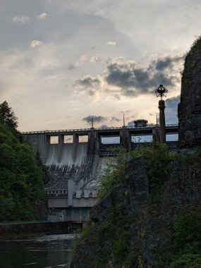 Slapy Reservoir is dam on the Vltava river in the Czech Republic, near to village Slapy. It has a hydroeletrics power station included.Aerial panorama landscape photo clipart