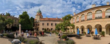 Castolovice, Çek Cumhuriyeti - 24 Ağustos 2023: Castolovice şatosu tarihi barok kalesi Castolovice binası ve gül bahçeleri, Bohemya, Çek-Zamek Castolovice, şato bahçeleri ve çevresindeki park