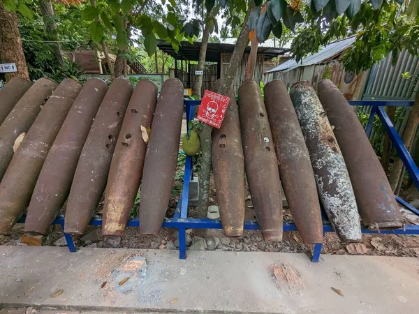 unexploded land mines and cluster bombs remains picked up all around Cambodia after war,now set in Museum of landmines in Siem Reap Cambodia, huge amount of ammunition is still laying in countryside