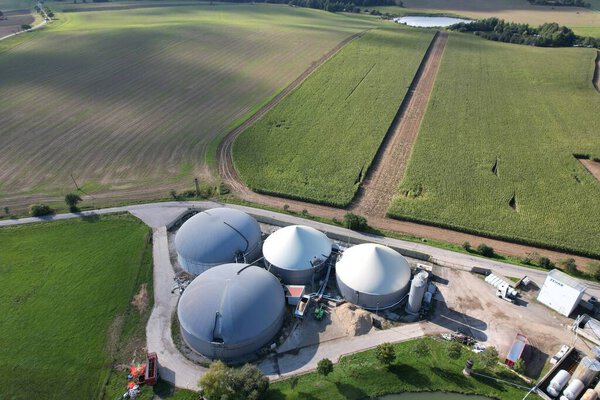 biogas production, biogas plants, bioenergy,aerial panorama landscape view of bio gas production facility and powerplant, European energy crisis,green renewable energy production