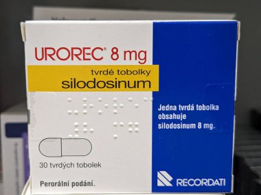 Prag, Çek Cumhuriyeti-16 Ağustos 2023: Urorec 8 mg-aktif madde Silodosinum-Recordati iyi huylu protez hiperplazisinin semptomatik tedavisi için kullanılan bir ilaçtır. Bir alfa-1 adrenerjik olarak hareket eder. 