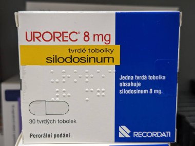 Prag, Çek Cumhuriyeti-16 Ağustos 2023: Urorec 8 mg-aktif madde Silodosinum-Recordati iyi huylu protez hiperplazisinin semptomatik tedavisi için kullanılan bir ilaçtır. Bir alfa-1 adrenerjik olarak hareket eder. 