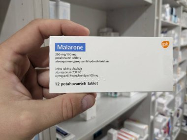 Prague,Czech republic-June 2 2024. Malarone anti-malarial tablets Malarone is the GlaxoSmithKline brand name for the atovaquone,proguanil drug combination clipart