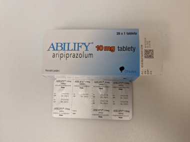 Prague,Czech republic- May 29 2024:ARIPIPRAZOLE box of ABILIFY from  OTSKUA pharmaceutical company,Aripiprazolum active substanc, to treat mental conditions such as bipolar I disorder,schizophrenia clipart