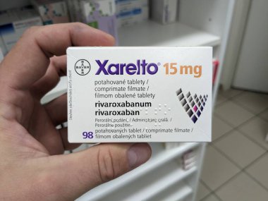 Prague,Czech republic-April 21 2024. Xarelto, medication to reduce stroke and blood clot by Bayer Healthcare.Rivaroxaban active substance clipart