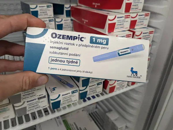 stock image Prague,Czech republic- June 2 2024: Ozempic box. Czech version of ozempic medication. Diabetes treatment in Czech republic. Package of semaglutide. Diabetes drug.Sometimes abused for weight loss