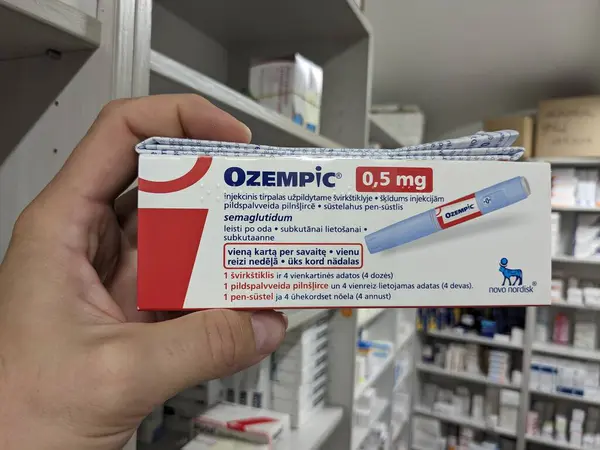 stock image Prague,Czech republic- June 2 2024: Ozempic box. Czech version of ozempic medication. Diabetes treatment in Czech republic. Package of semaglutide. Diabetes drug.Sometimes abused for weight loss